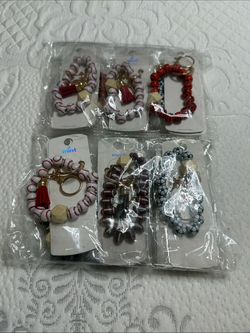 Set of 12 Beaded Key Ring Wristlet - Basketball Soccer, Football and Baseball